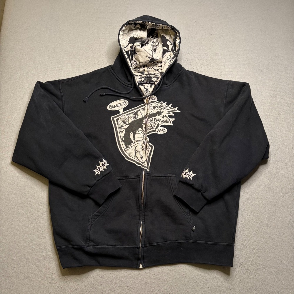 Famous Stars and Straps Hoodie Mens XL Black Comic‎ Print Y2K Distressed Zip Up